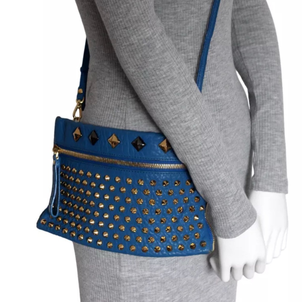 MCM Blue Leather Backpack Gold & Gunmetal Accents Removable Clutch - Picture 7 of 8